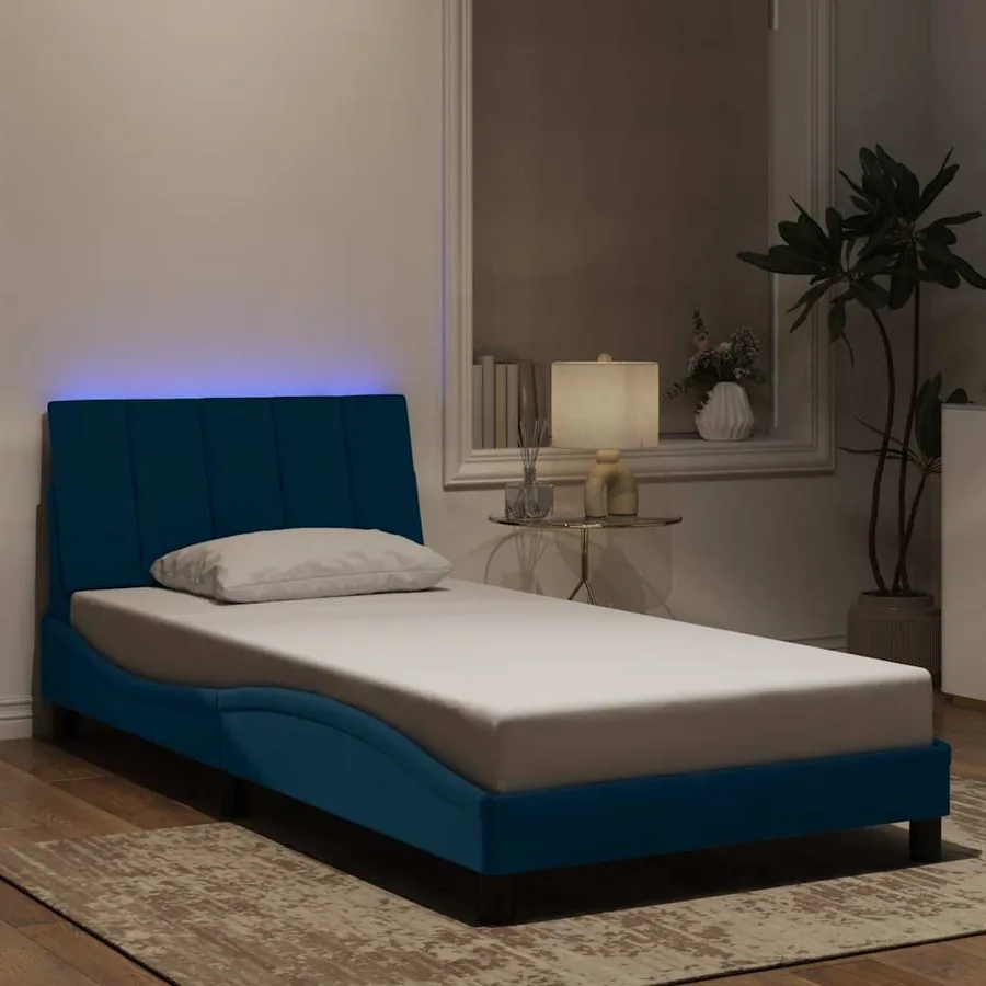 Cadre de lit avec LED sans matelas Hanko bleu 100x200 cm velours