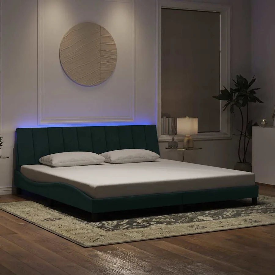 Cadre de lit avec LED sans matelas Hanko vert foncé 200x200 cm velours