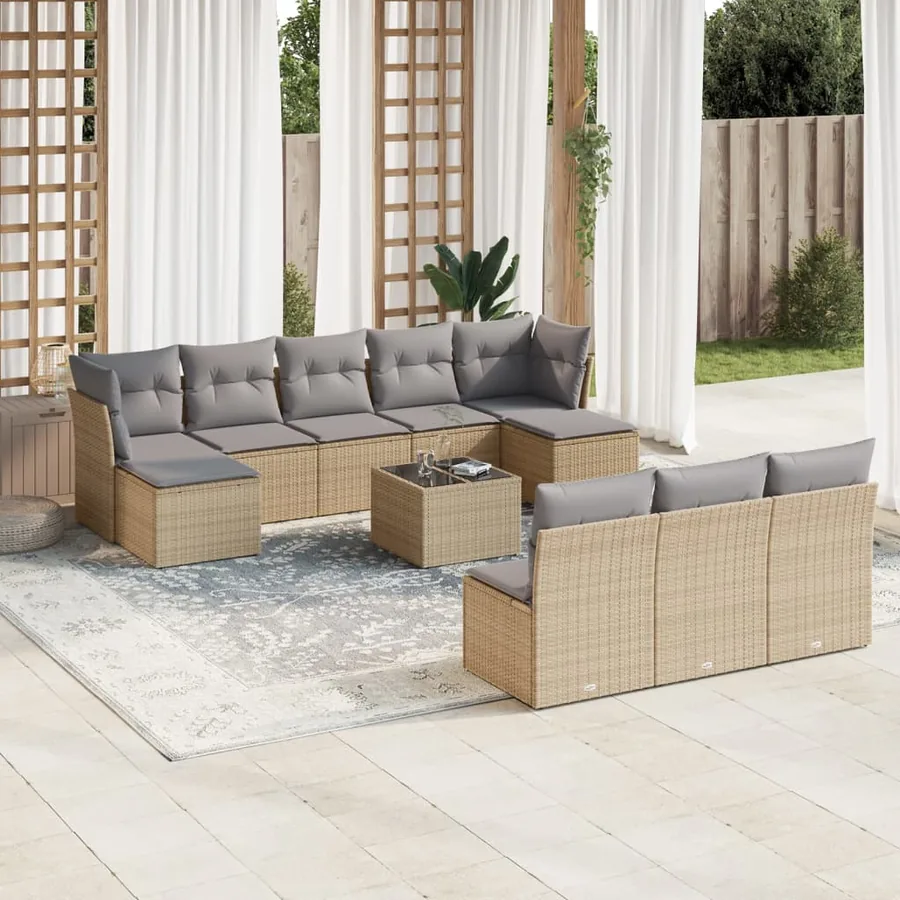 Salon de jardin 11 pcs avec coussins beige résine tressée