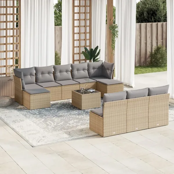 Salon de jardin 11 pcs avec coussins beige résine tressée
