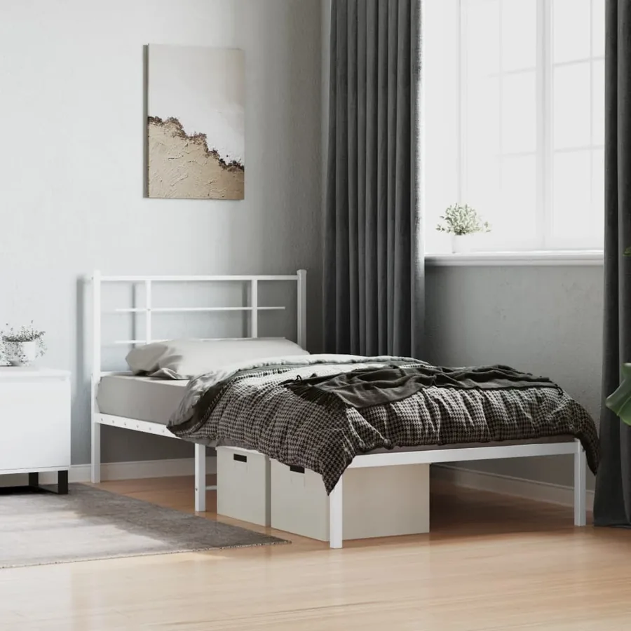 Cadre de lit métal sans matelas et tête de lit blanc 107x203 cm