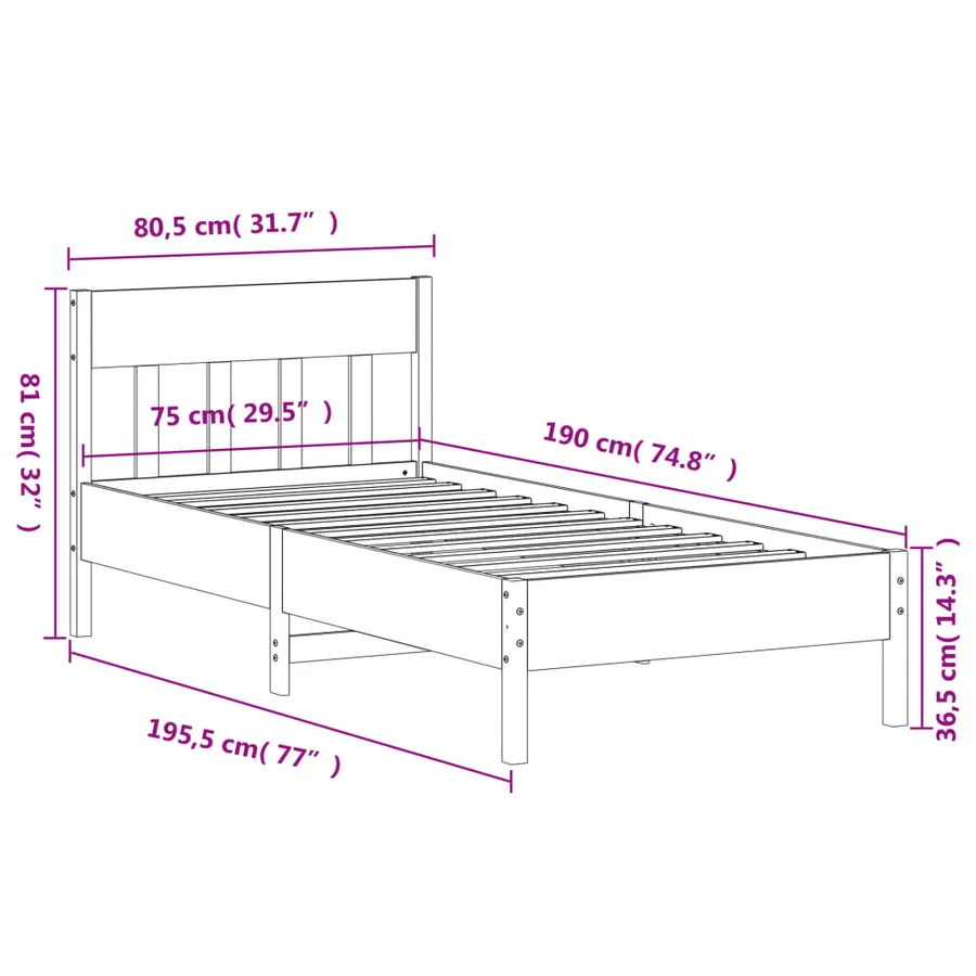 Cadre de lit sans matelas blanc 75x190 cm bois de pin massif - 9