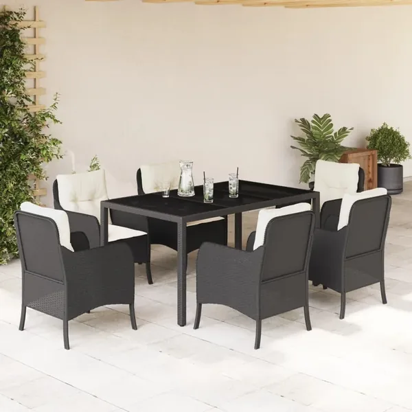 Ensemble à manger de jardin coussins 7pcs Noir Résine tressée