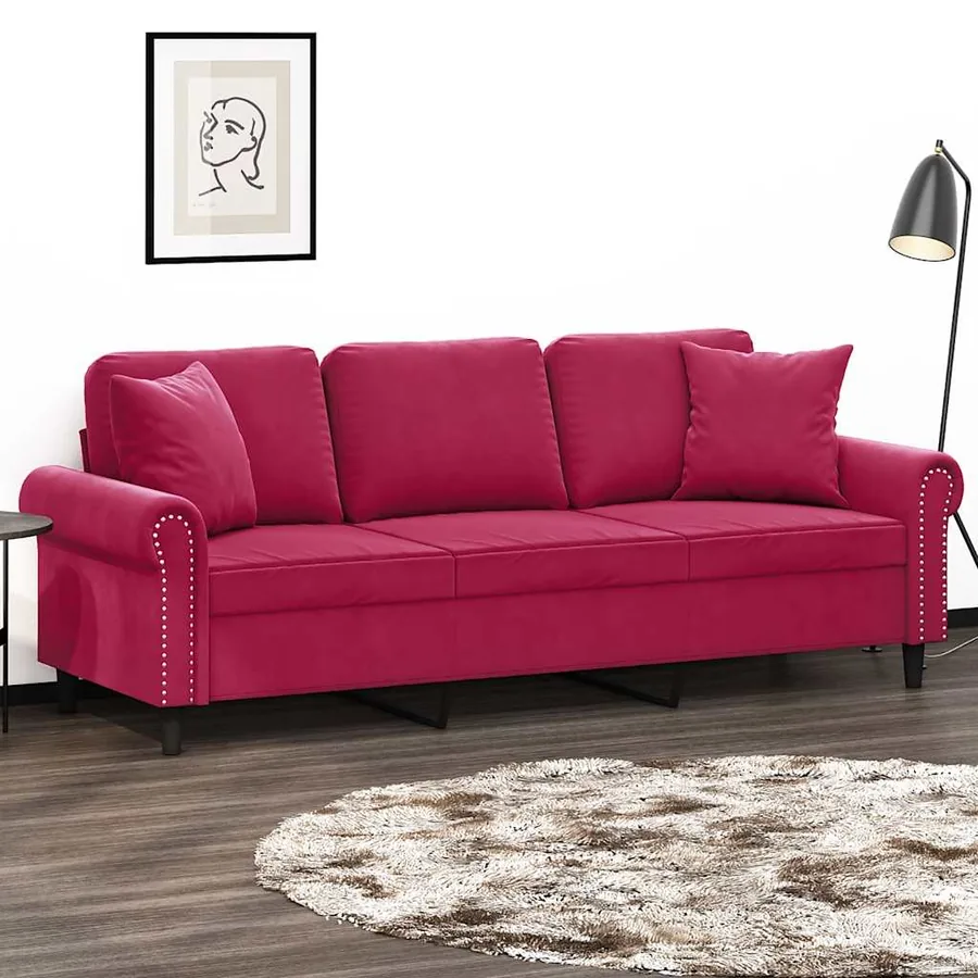 Canapé 3 places avec oreillers bordeaux 180 cm velours