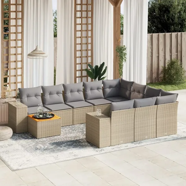 Salon de jardin 11 pcs avec coussins beige résine tressée