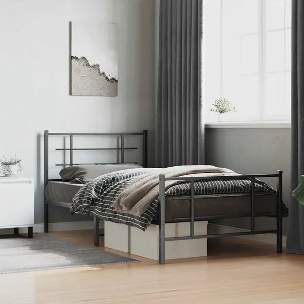 Cadre de lit métal sans matelas avec pied de lit noir 107x203cm