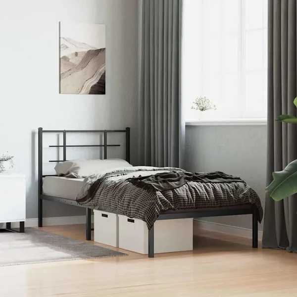 Cadre de lit métal sans matelas avec tête de lit noir 90x200 cm