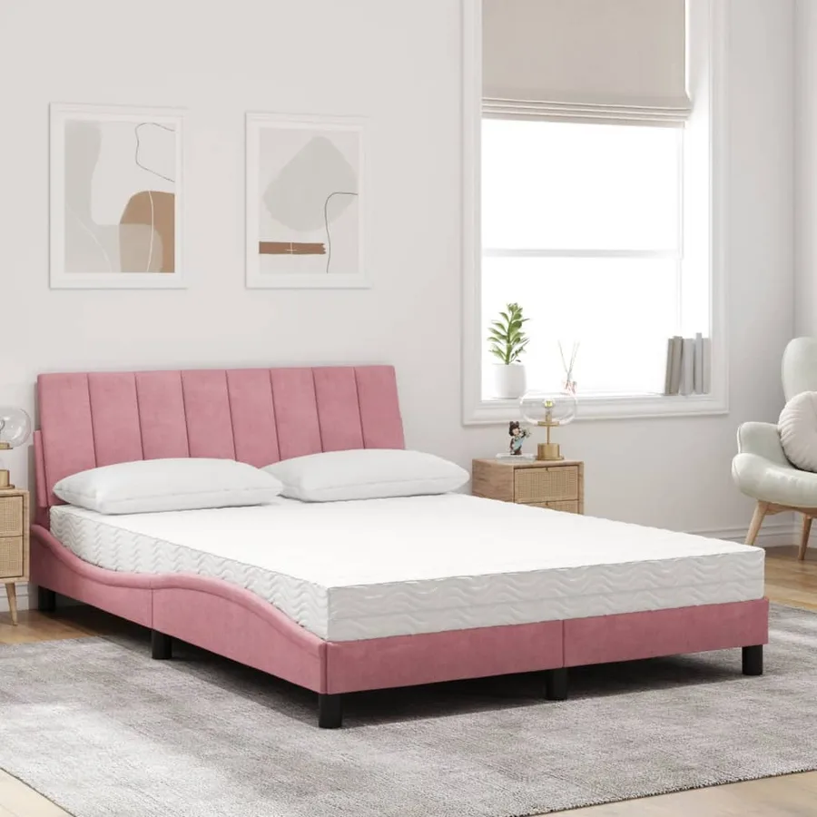 Lit avec matelas Hanko rose 140x190 cm velours - 3