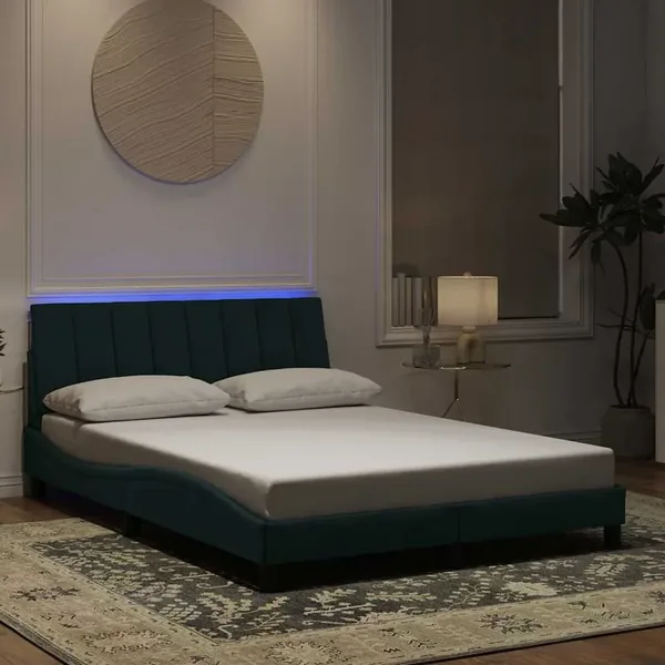 Cadre de lit avec LED sans matelas Hanko vert foncé 140x190 cm velours