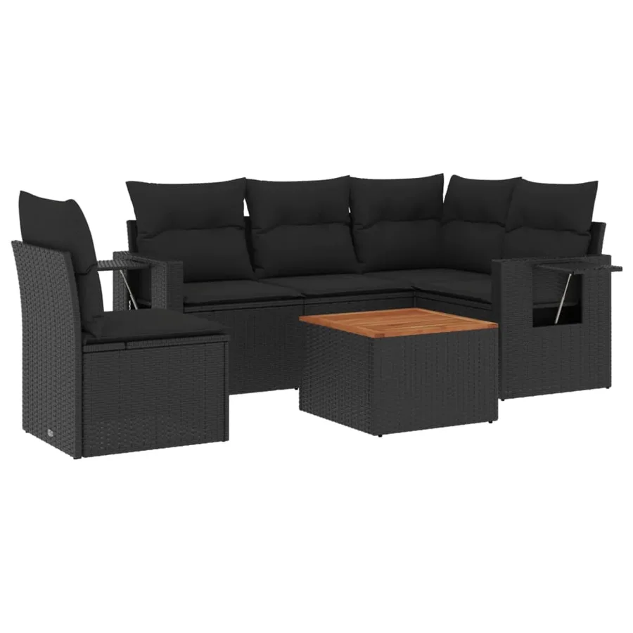 Salon de jardin 6 pcs avec coussins noir résine tressée - 2