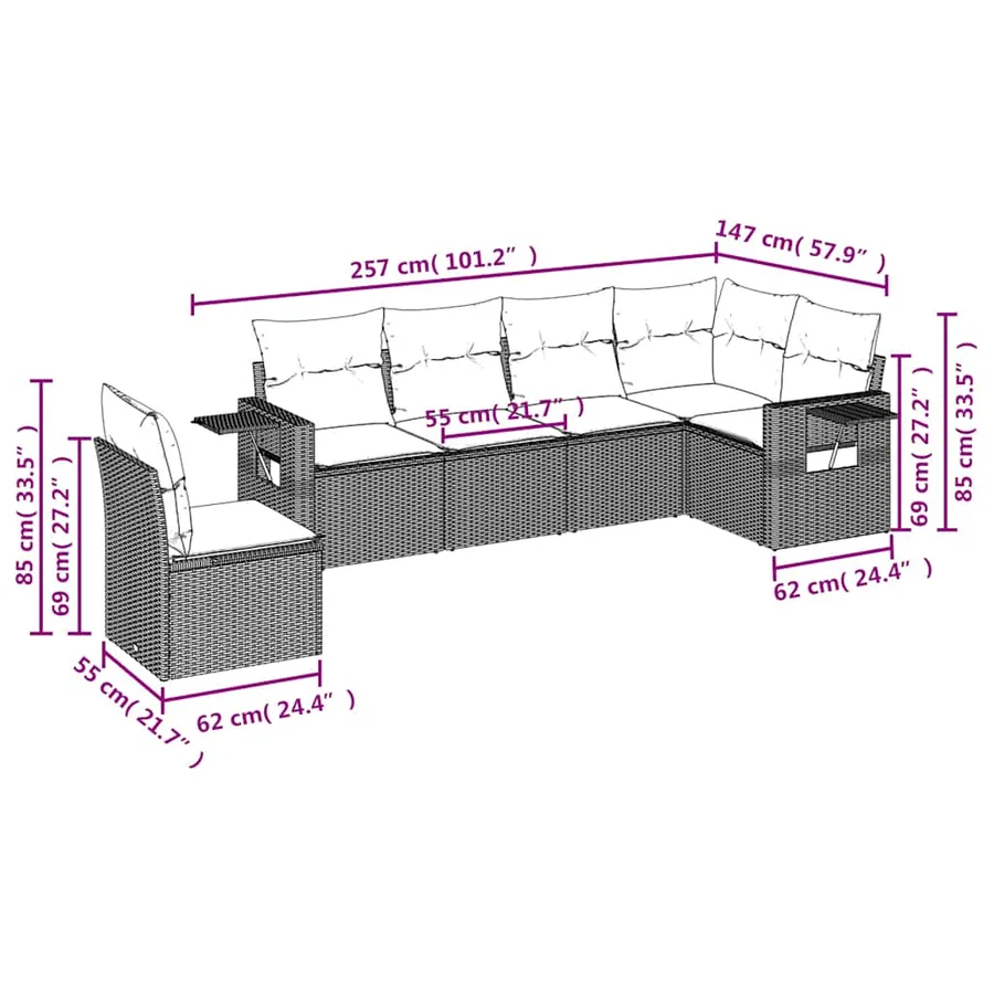 Salon de jardin 6 pcs avec coussins noir résine tressée - 3