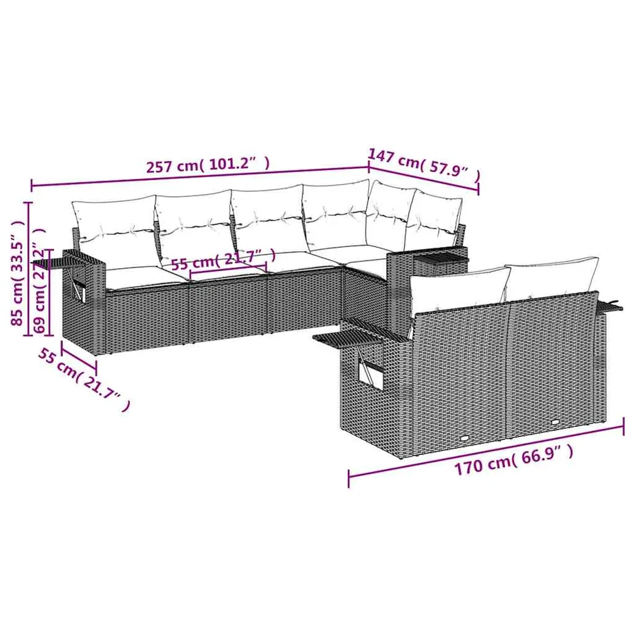 Salon de jardin 7 pcs avec coussins noir résine tressée 55 x 62 x 69 cm - 65,0 kg - 3