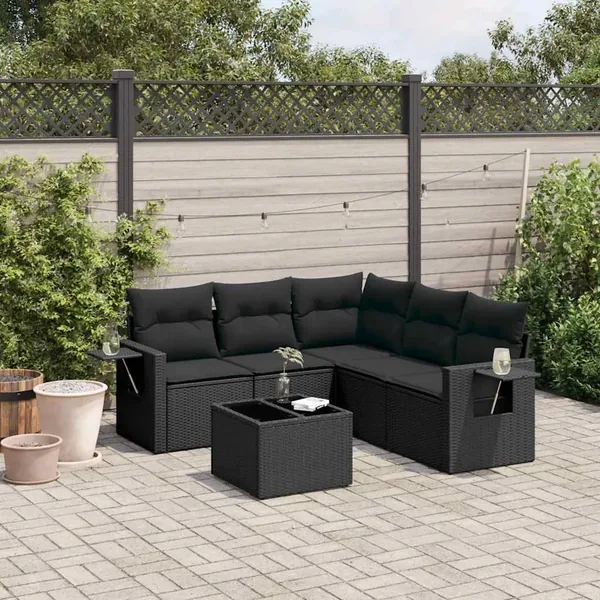 Salon de jardin 6 pcs avec coussins noir résine tressée