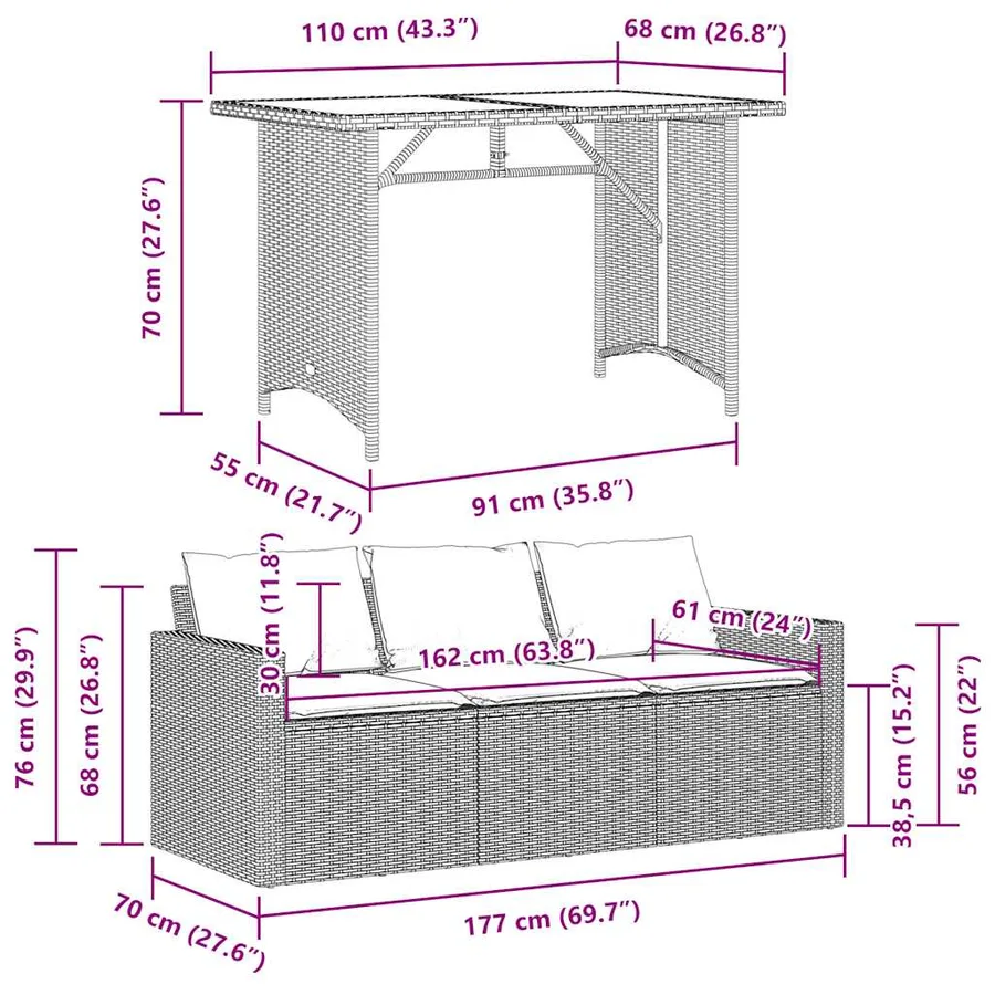Ensemble à manger de jardin et coussins 2 pcs gris rotin - 11