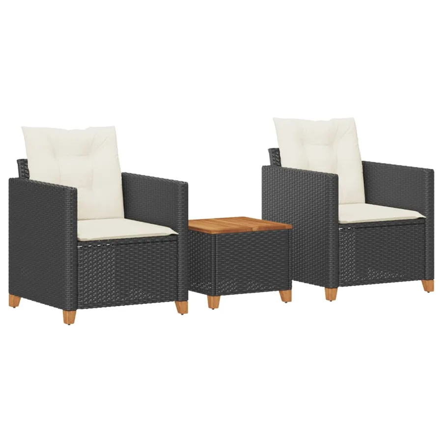 Ensemble de bistro 3 pcs et coussins noir résine tressée acacia - 2