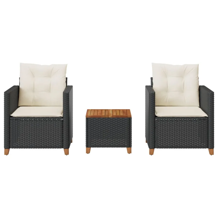 Ensemble de bistro 3 pcs et coussins noir résine tressée acacia - 3