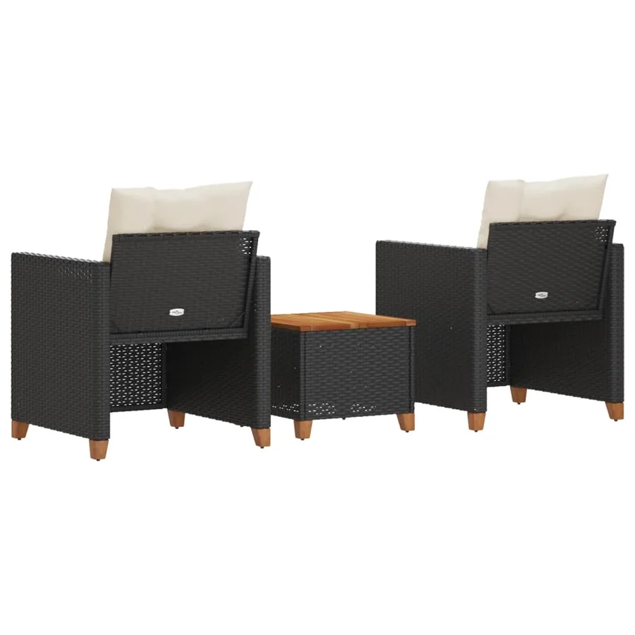 Ensemble de bistro 3 pcs et coussins noir résine tressée acacia - 5