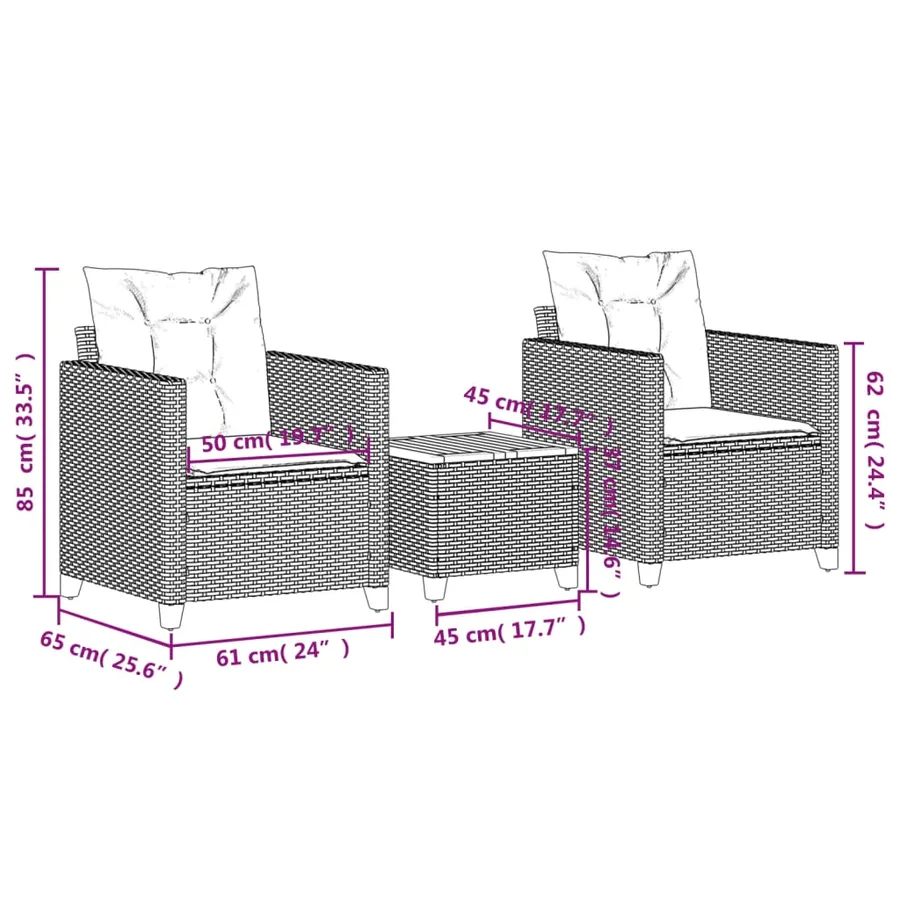 Ensemble de bistro 3 pcs et coussins noir résine tressée acacia - 9