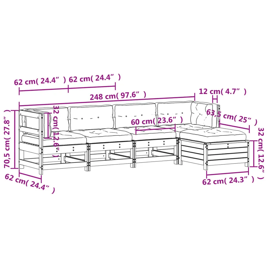 Salon de jardin 5 pcs avec coussins bois de pin imprégné - 10