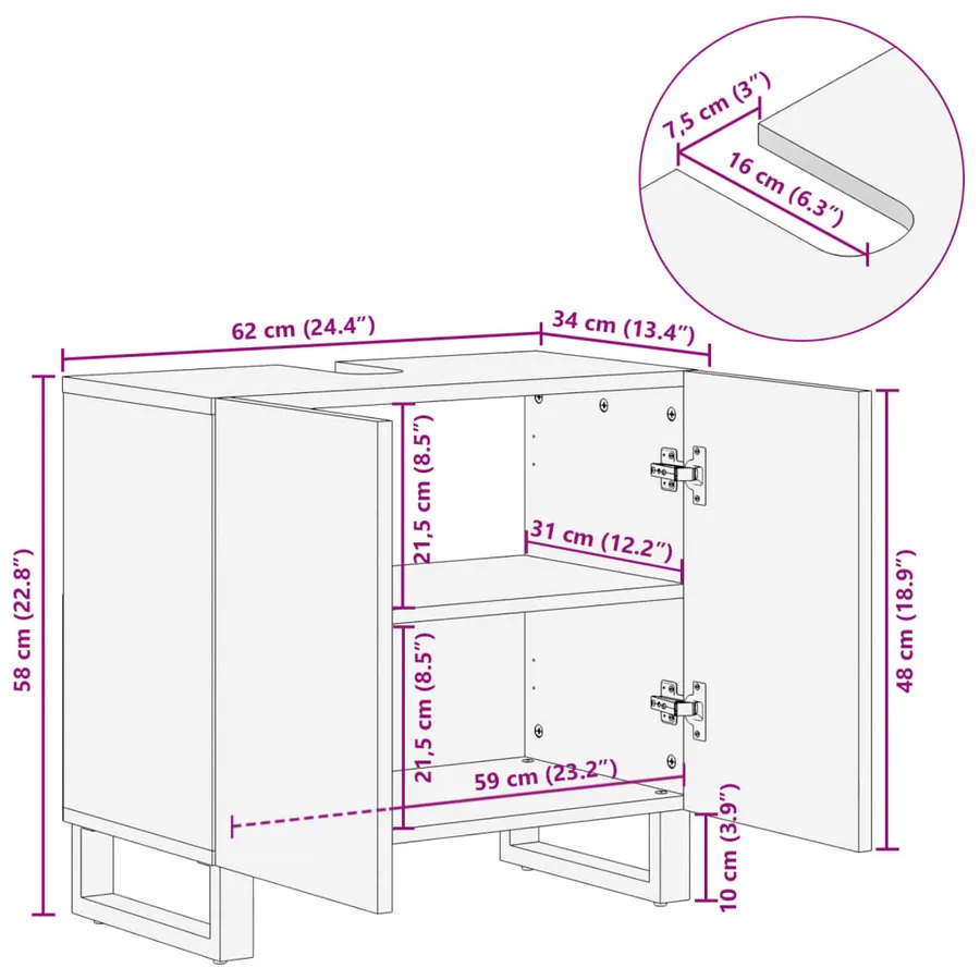 Armoire lavabo de salle de bain 62x34x58cm bois massif d'acacia - 11