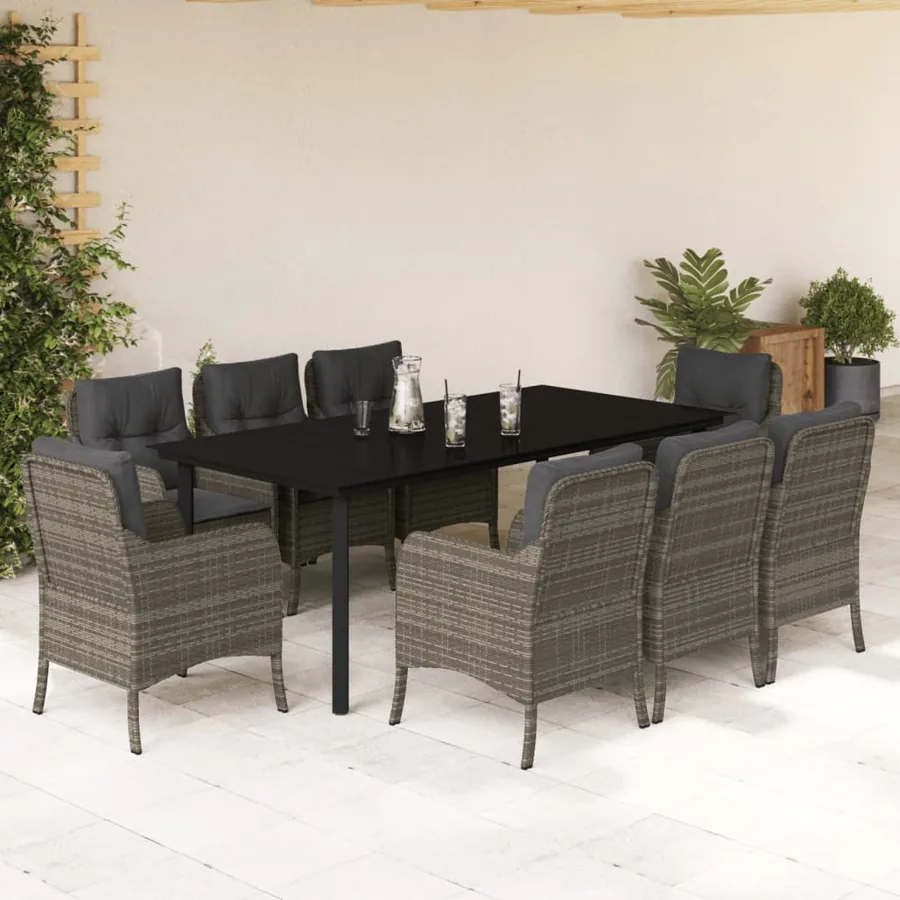 Ensemble à manger de jardin 9 pcs coussins gris résine tressée