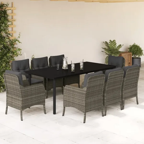 Ensemble à manger de jardin 9 pcs coussins gris résine tressée