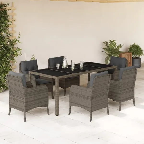 Ensemble à manger de jardin et coussins 7 pcs gris rotin