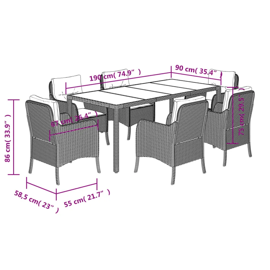 Ensemble à manger de jardin et coussins 7 pcs gris rotin - 7