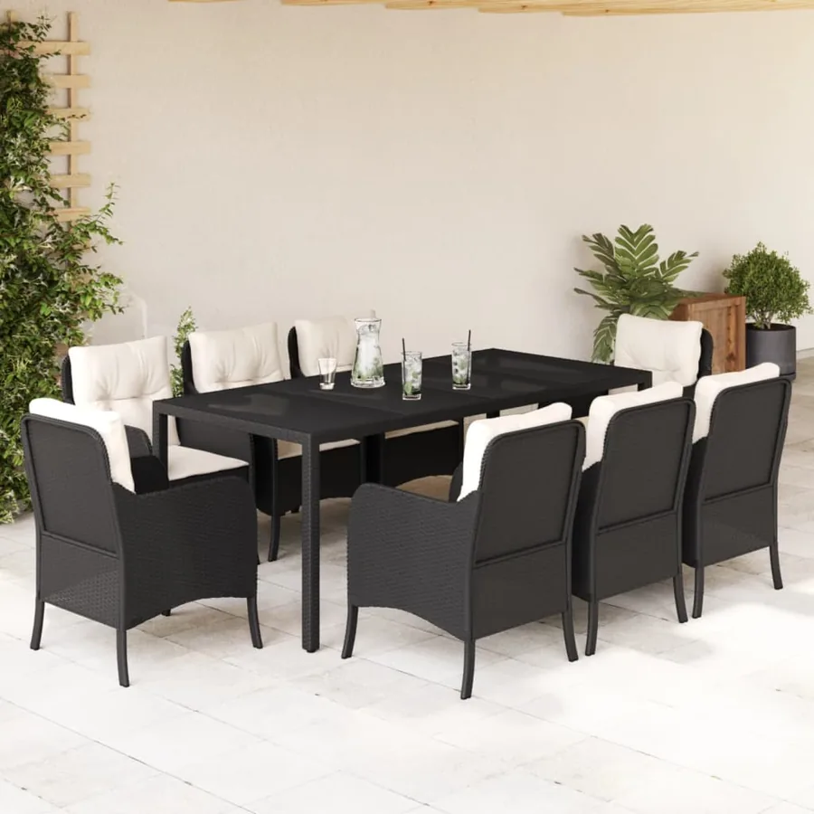 Ensemble à manger de jardin 9pcs coussins noir résine tressée