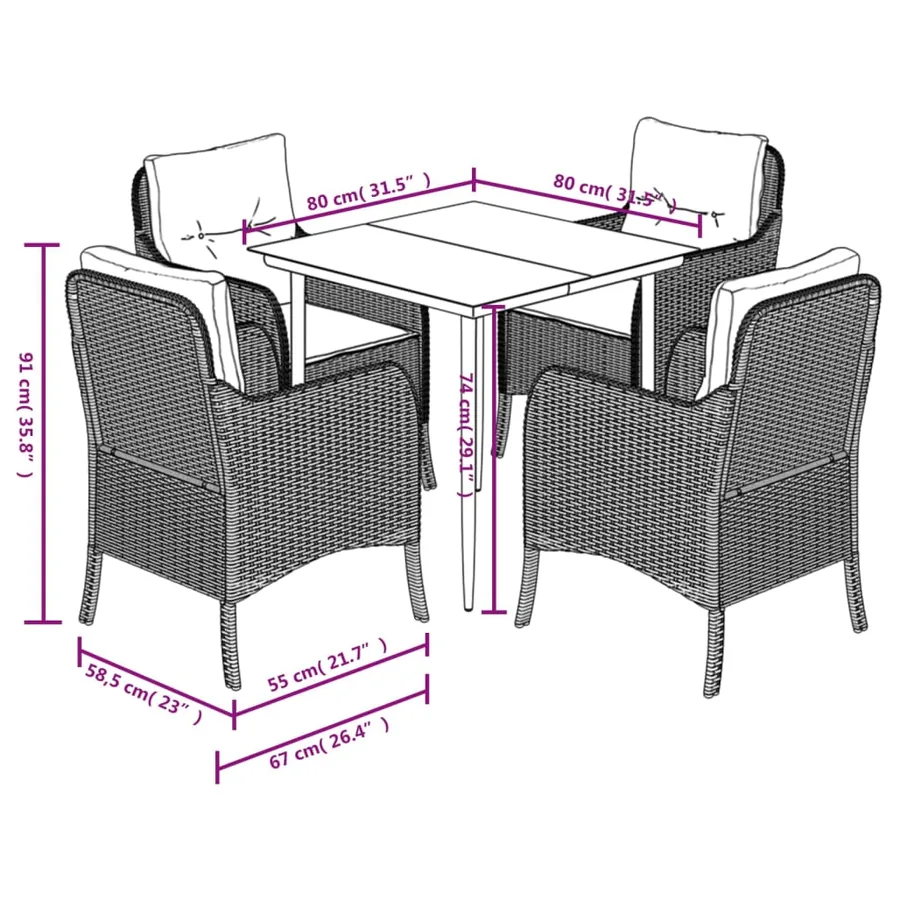 Ensemble à manger de jardin 5 pcs et coussins marron poly rotin - 7
