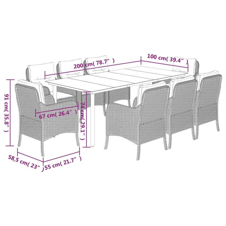 Ensemble à manger de jardin et coussins 9 pcs beige Poly rotin - 7