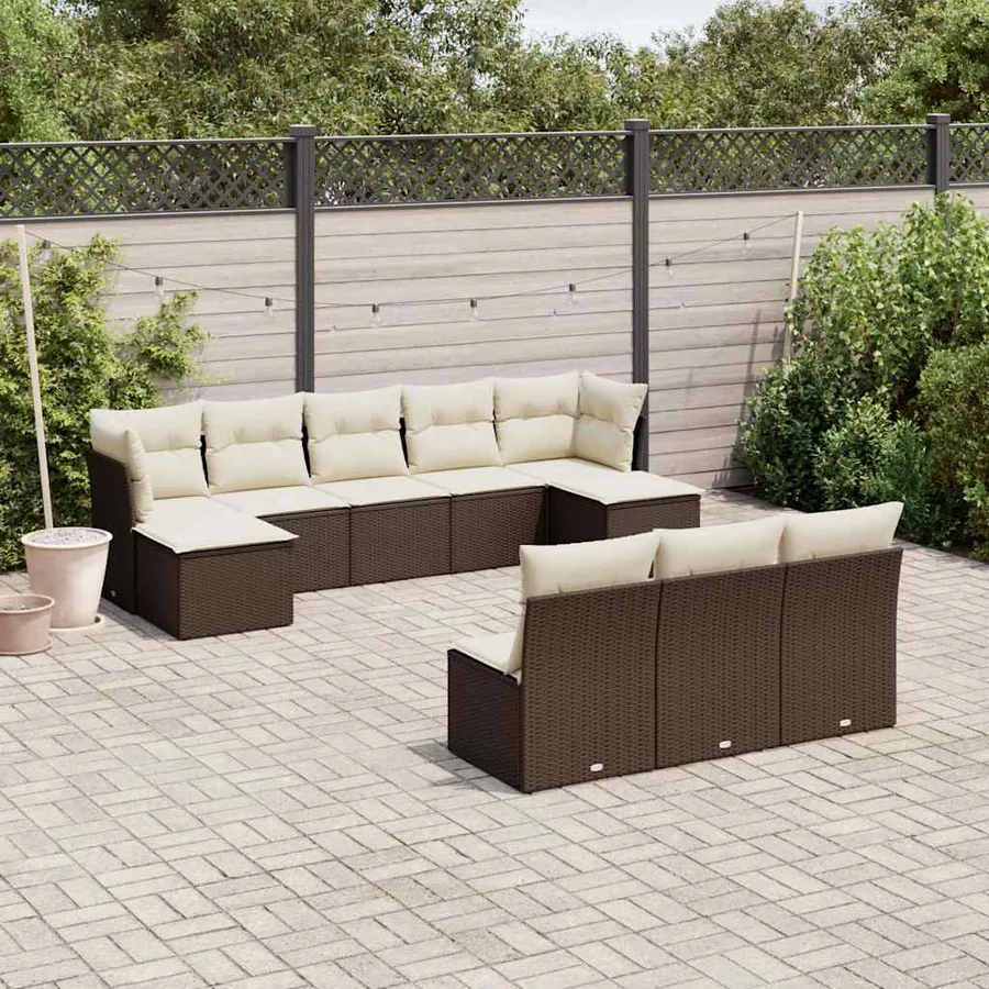 Salon de jardin 10 pcs avec coussins marron résine tressée