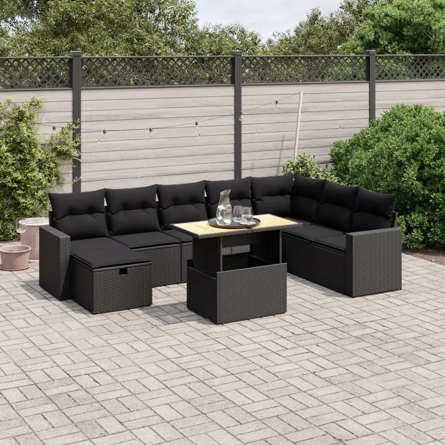 Salon de jardin 9 pcs avec coussins noir résine tressée