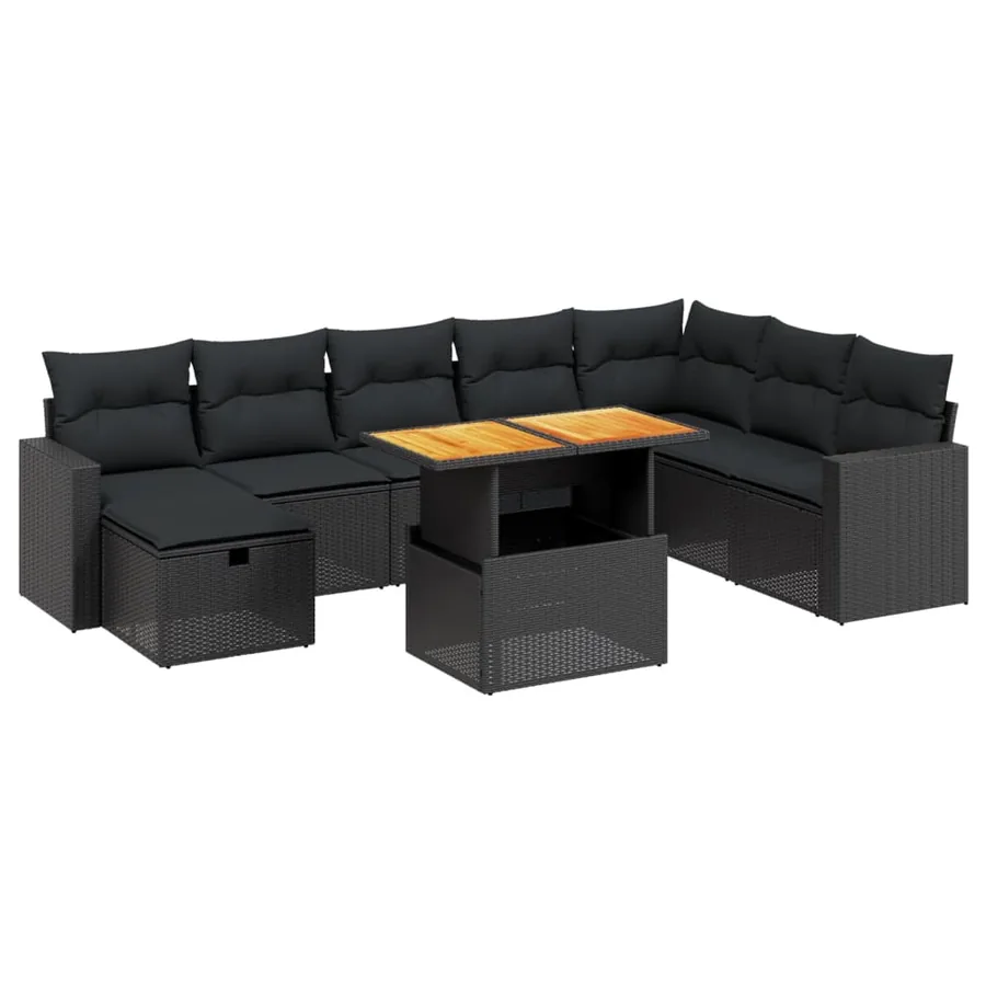 Salon de jardin 9 pcs avec coussins noir résine tressée - 2