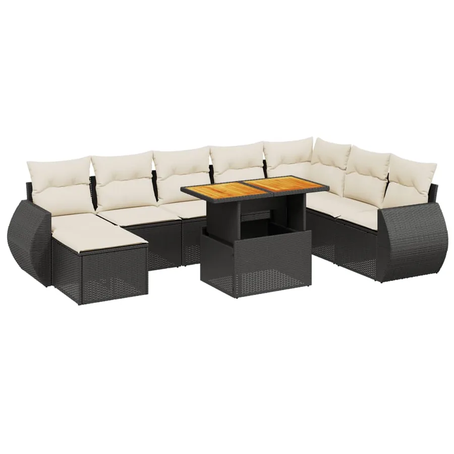 Salon de jardin 9 pcs avec coussins noir résine tressée - 2