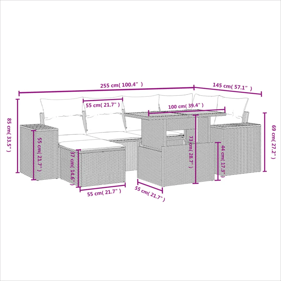 Salon de jardin 7 pcs avec coussins noir résine tressée 55 x 62 x 69 cm - 65,1 kg - 4