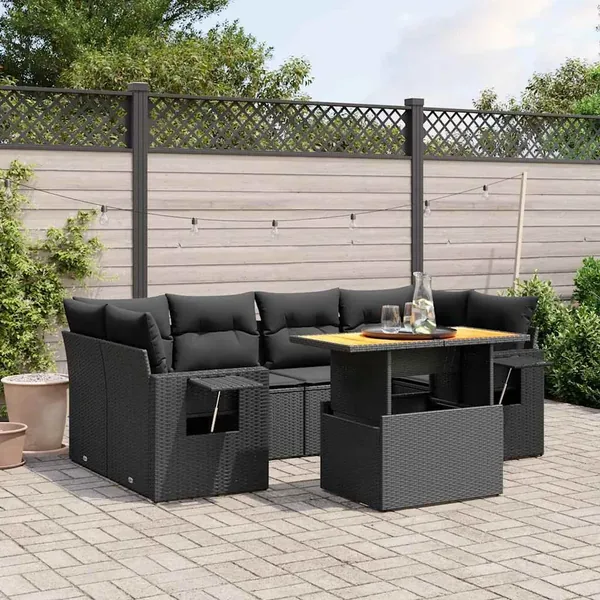 Salon de jardin 7 pcs avec coussins noir résine tressée 62 x 62 x 69 cm - 66,3 kg
