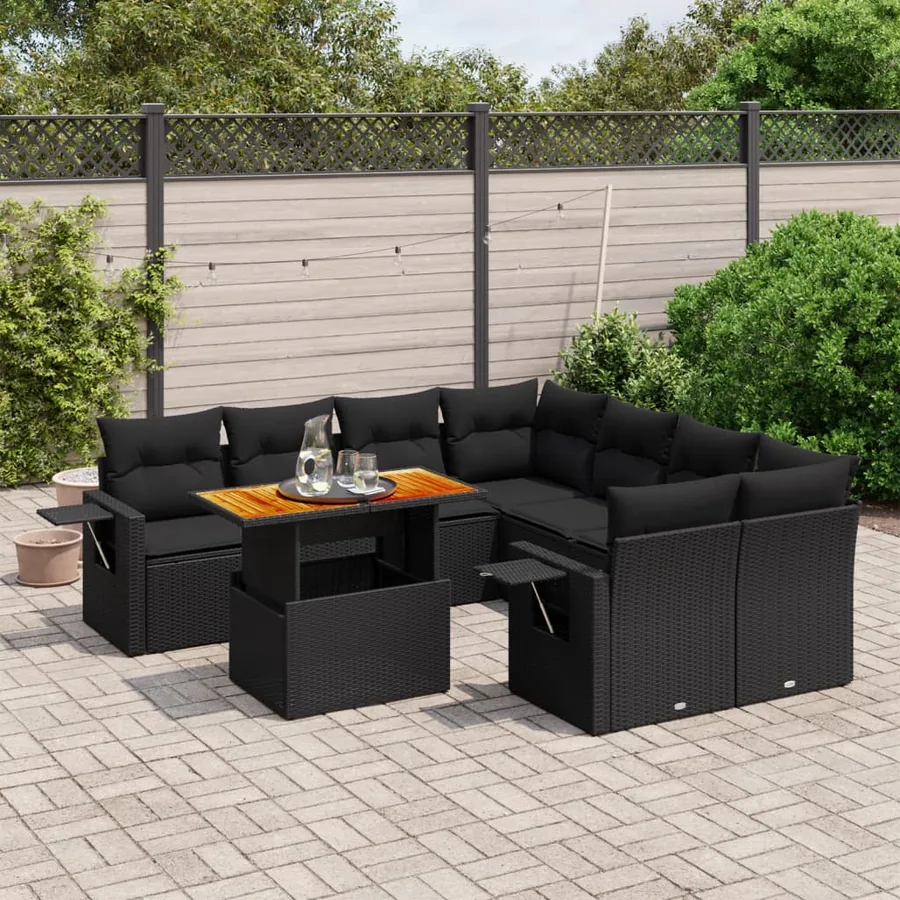 Salon de jardin 9 pcs avec coussins noir résine tressée