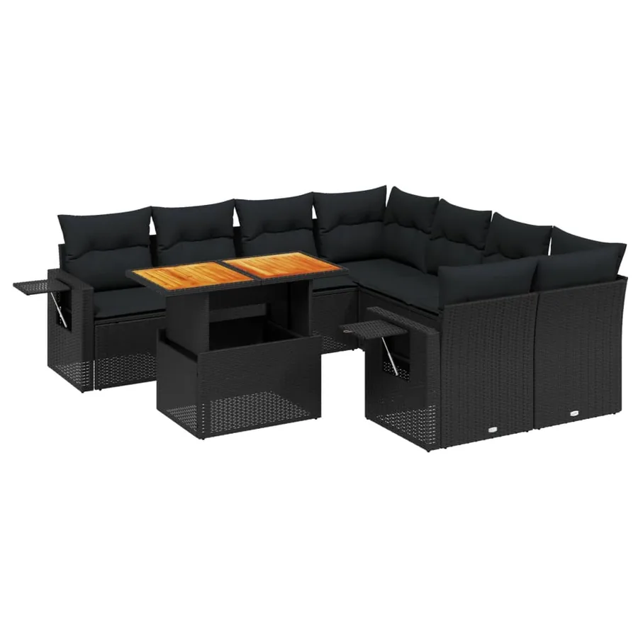 Salon de jardin 9 pcs avec coussins noir résine tressée - 2