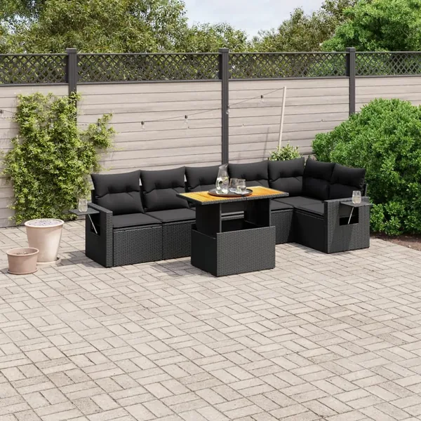 Salon de jardin 7 pcs avec coussins noir résine tressée 62 x 62 x 69 cm - 62,5 kg
