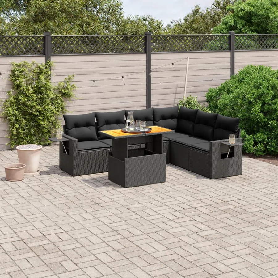 Salon de jardin 7 pcs avec coussins noir résine tressée 62 x 62 x 69 cm - 62,5 kg