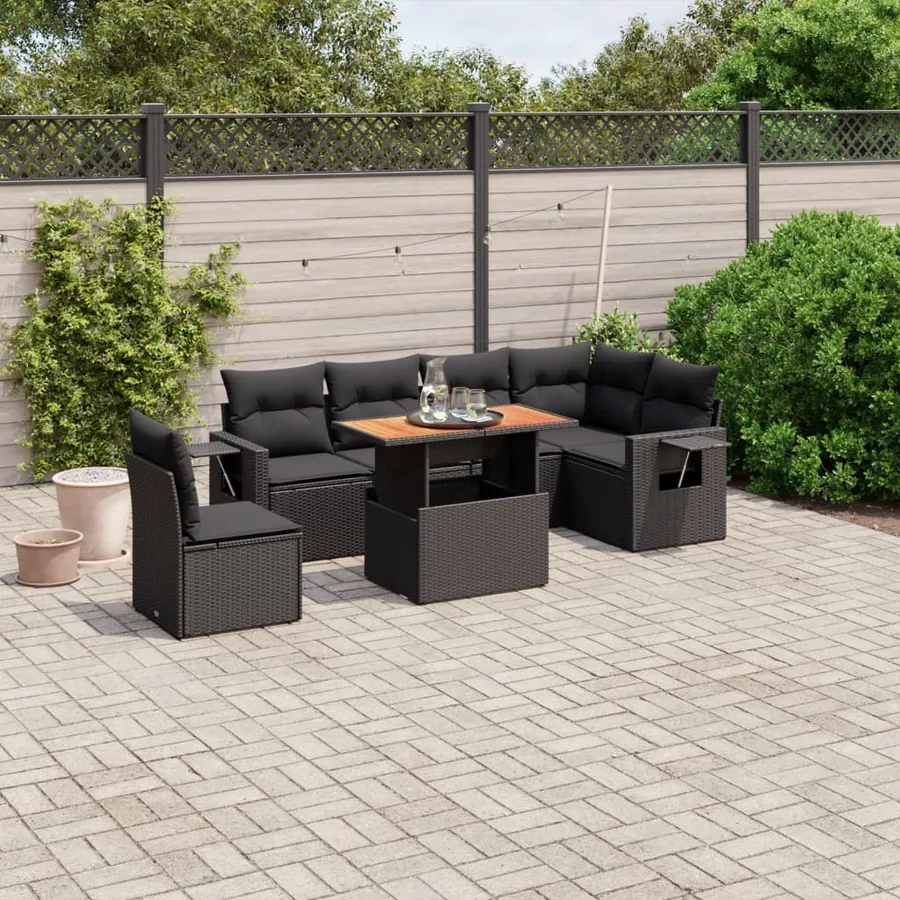 Salon de jardin 7 pcs avec coussins noir résine tressée 62 x 62 x 69 cm - 62,5 kg