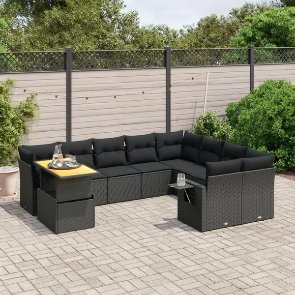 Salon de jardin 10 pcs avec coussins noir résine tressée