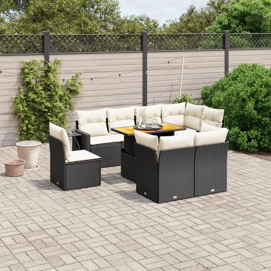 Salon de jardin 9 pcs avec coussins noir résine tressée
