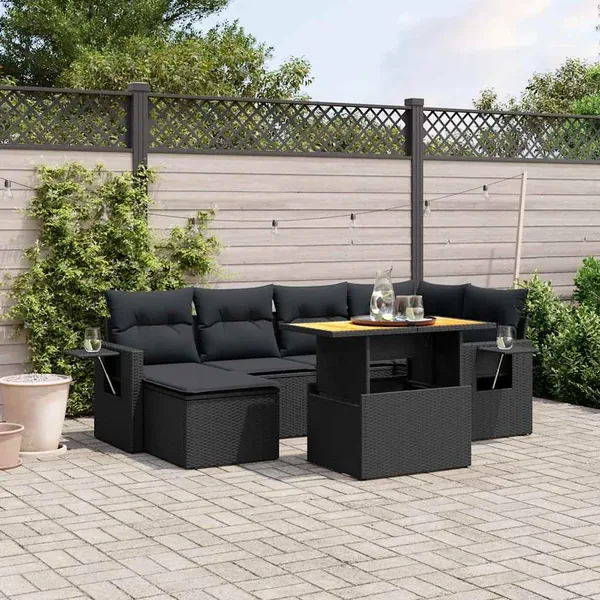 Salon de jardin 7 pcs avec coussins noir résine tressée 62 x 62 x 69 cm - 63,4 kg