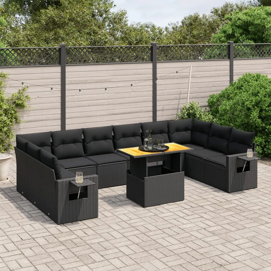Salon de jardin 11 pcs avec coussins noir résine tressée