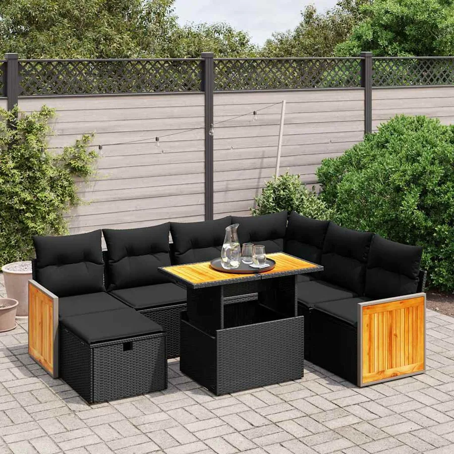 Salon de jardin 8 pcs avec coussins noir résine tressée