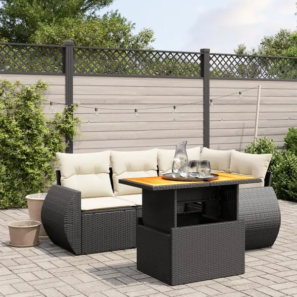 Salon de jardin 5 pcs avec coussins noir résine tressée