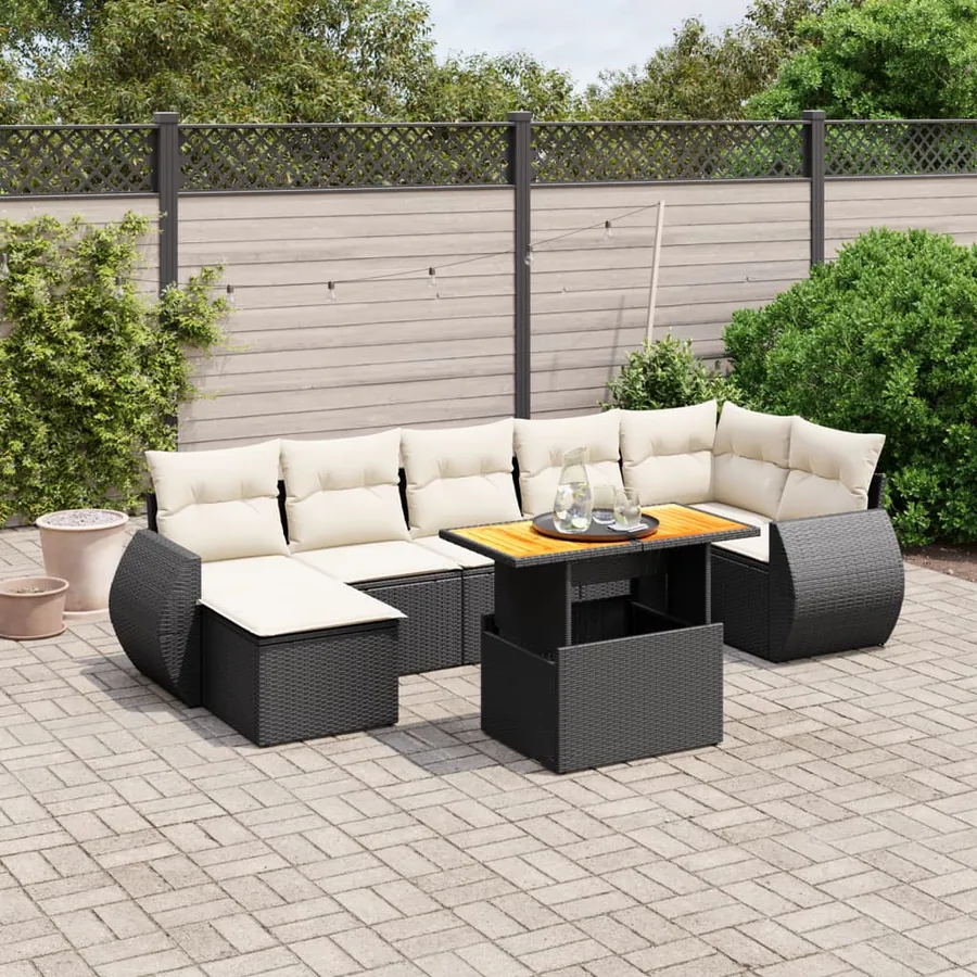 Salon de jardin 8 pcs avec coussins noir résine tressée