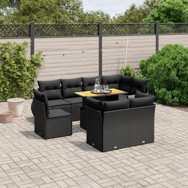 Salon de jardin 9 pcs avec coussins noir résine tressée